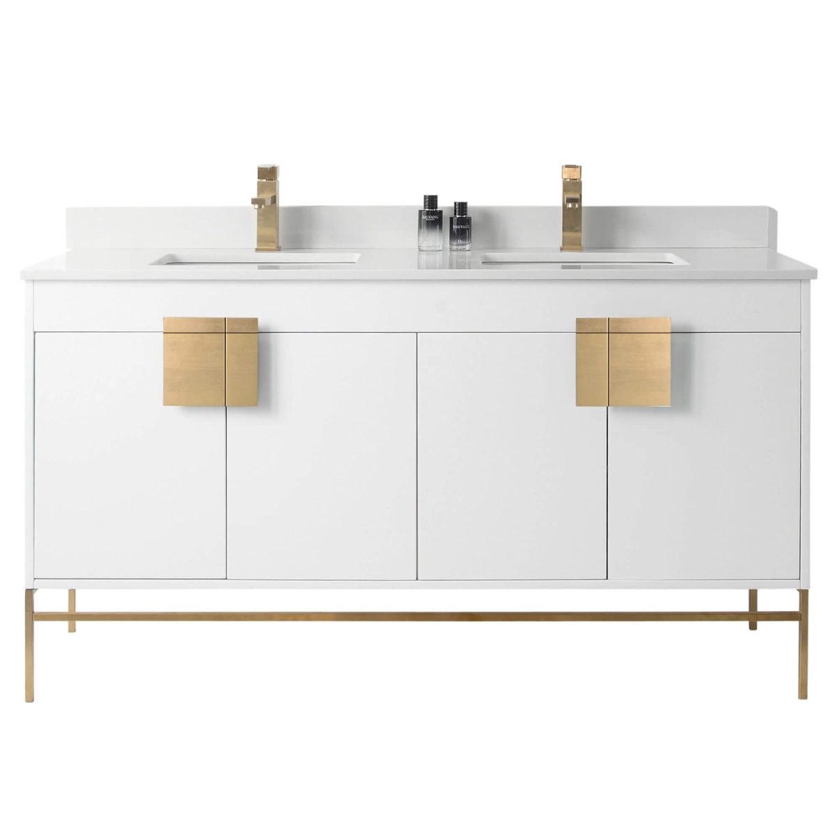 Shawbridge 60" Modern Double Bathroom Vanity  White with Satin Brass Hardware