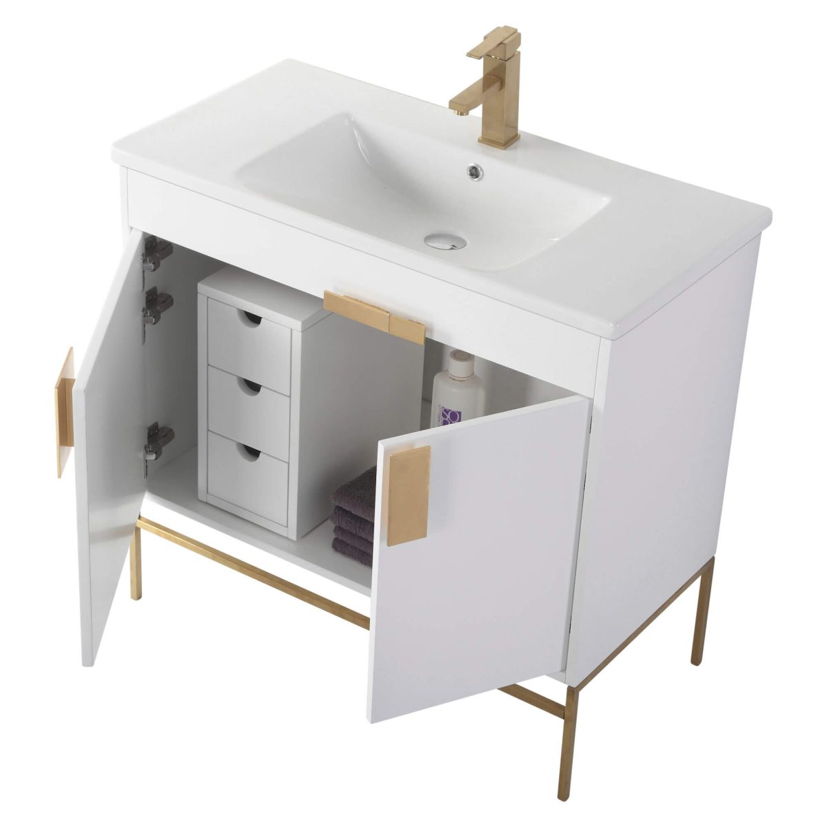 Shawbridge 36" Modern Bathroom Vanity  White with Satin Brass Hardware
