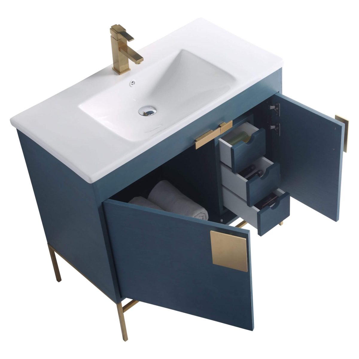 Shawbridge 36" Modern Bathroom Vanity French Blue with Satin Brass Hardware