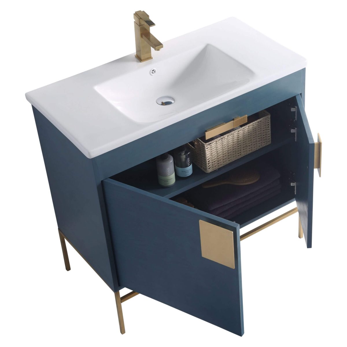 Shawbridge 36" Modern Bathroom Vanity French Blue with Satin Brass Hardware