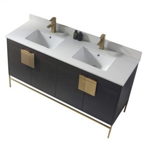Shawbridge 60" Modern Double Bathroom Vanity  Black Oak Straight Grain with Satin Brass Hardware