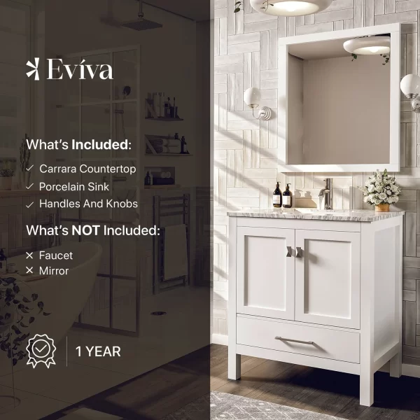 Eviva London 24 In. Transitional White Bathroom Vanity With White Carrara Marble Countertop