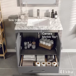 Eviva London 24 In. Transitional Grey Bathroom Vanity With White Carrara Marble Countertop