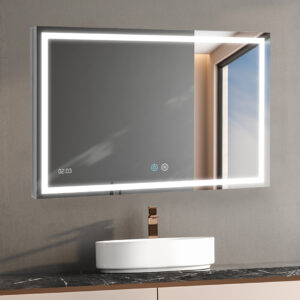 The Daytona 48 Inch x 36 Inch LED Lighted Bathroom Mirror above a marble countertop with a white vessel sink and bronze faucet features touch controls, a digital clock, and reflects a window showing the blue sky.
