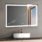 The Daytona 48 Inch x 36 Inch LED Lighted Bathroom Mirror above a marble countertop with a white vessel sink and bronze faucet features touch controls, a digital clock, and reflects a window showing the blue sky.