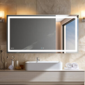 Modern bathroom featuring a Daytona 72 Inch x 36 Inch LED Lighted Bathroom Mirror above a white sink and faucet, with beige tiled walls, rolled white towels, a sunlit window, and minimalist decor for a clean, tidy look.