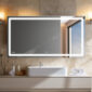 Modern bathroom featuring a Daytona 72 Inch x 36 Inch LED Lighted Bathroom Mirror above a white sink and faucet, with beige tiled walls, rolled white towels, a sunlit window, and minimalist decor for a clean, tidy look.