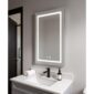 A modern bathroom vanity features the Daytona 24 Inch x 30 Inch LED Lighted Bathroom Mirror above a white sink with black faucet, rolled towel, and soap dispenser on a light gray countertop, with a black door and tiled shower in the background.