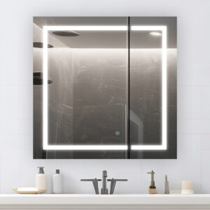 The Royale Plus 30 Inch x 36 Inch LED Lighted Mirror Medicine Cabinet is mounted above a sink with a faucet, soap dispenser, and other toiletries on the countertop.