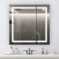 The Royale Plus 30 Inch x 36 Inch LED Lighted Mirror Medicine Cabinet is mounted above a sink with a faucet, soap dispenser, and other toiletries on the countertop.