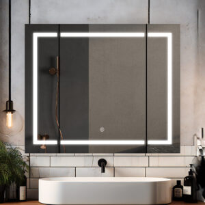 A modern bathroom vanity with a round white sink, sleek black faucet, glass shower wall, hanging bulb light, plants on a tiled counter, and the Royale Plus 36 Inch x 30 Inch LED Lighted Mirror Medicine Cabinet.
