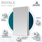 A diagram of the Royale 24 Inch x 30 Inch Mirror Medicine Cabinet highlights glass shelves, magnetic organization, built-in electrical outlets, a mirror door, and three LED-lit magnifying mirrors.