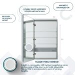 The Royale 24 x 30 Inch Mirror Medicine Cabinet features double-sided mirrored doors, glass shelves, a removable magnifying mirror, magnetic organization, and can be recessed or surface mounted. Dimensions and features are clearly labeled.