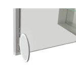 The Royale Plus 48 Inch x 36 Inch LED Lighted Mirror Medicine Cabinet features a round magnifying mirror inside, with the door shown partially open to reveal glass shelves.