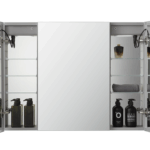 The Signature Royale 36" x 36" LED Lighted Mirror Medicine Cabinet is shown with both doors open, displaying shelves stocked with bottles, a folded towel, and personal care items on either side of the central LED mirror.