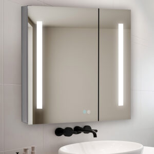 The Signature Royale 36 Inch x 36 Inch LED Lighted Mirror Medicine Cabinet features two vertical LED strips and touch controls, paired with a black wall-mounted faucet and a white sink set against a tiled wall.