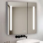 The Signature Royale 36 Inch x 36 Inch LED Lighted Mirror Medicine Cabinet features two vertical LED strips and touch controls, paired with a black wall-mounted faucet and a white sink set against a tiled wall.