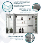 The Signature Royale 36"x36" LED Lighted Mirror Medicine Cabinet offers built-in LED lighting, three Starphire adjustable glass shelves, an internal outlet with dual USB ports, and soft-close 155° hinges, highlighted by circular insets.