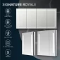 Showcasing the Signature Royale 24x30 Left Sided LED Lighted Mirror Medicine Cabinet with LED lighting, dual USB ports, dimmer, soft close hinges, and glass shelves; includes icons and product images.