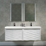 The Paris 48 inch Wall Mount Double Bathroom Vanity includes two wavy-textured white drawers, a white countertop, dual black faucets, and matching rectangular mirrors for a modern bathroom style.