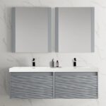 A modern bathroom showcases the Paris 48 inch Wall Mount Double Bathroom Vanity with a textured wavy gray front, dual faucets, two rectangular mirrors above a white countertop, and is enhanced by marble-style walls and sleek accessories.