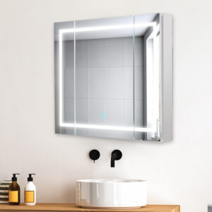A modern bathroom features a round white sink, black faucet, and a Royale Plus 36 Inch x 30 Inch LED Lighted Mirror Medicine Cabinet above, reflecting tiled walls. Two soap dispensers sit on the wooden counter beside the sink.