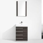 The Barcelona 24 inch Bathroom Vanity Set in Dark Oak features four horizontal drawers, a white countertop with a built-in sink, and a rectangular mirror mounted above for a modern look.