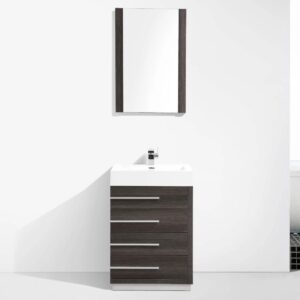 The Barcelona 24 inch Bathroom Vanity Set in Dark Oak features four horizontal drawers, a white countertop with a built-in sink, and a rectangular mirror mounted above for a modern look.