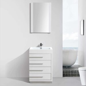 The Barcelona 24 inch Bathroom Vanity Set in Glossy White, featuring four drawers, a rectangular sink, and a silver faucet, sits below a wall-mounted mirror, with a white bathtub by a window overlooking the ocean in the background.