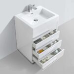 The Barcelona 24 inch Bathroom Vanity Set in Glossy White features a modern design with a rectangular sink on top and four open drawers below for organizing toiletries and containers.