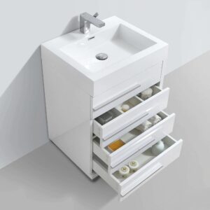The Barcelona 24 inch Bathroom Vanity Set in Glossy White features a modern design with a rectangular sink on top and four open drawers below for organizing toiletries and containers.