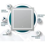The Soho LED Lighted Bathroom Mirror is a featuring a mirror defogger, anodized aluminum frame, dimmer, one-touch control, and high-quality glass—each feature represented by simple icons.