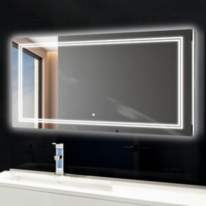 The Soho 84 Inch LED Lighted Bathroom Mirror, featuring illuminated borders, is mounted above a white sink and faucet, reflecting a window and part of the room.