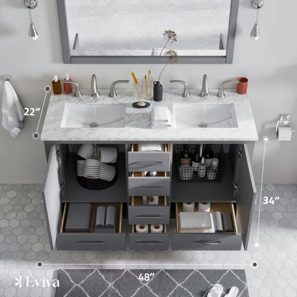 Aberdeen 48″ Double Bathroom Vanity in Gray with Carrara Marble Countertop