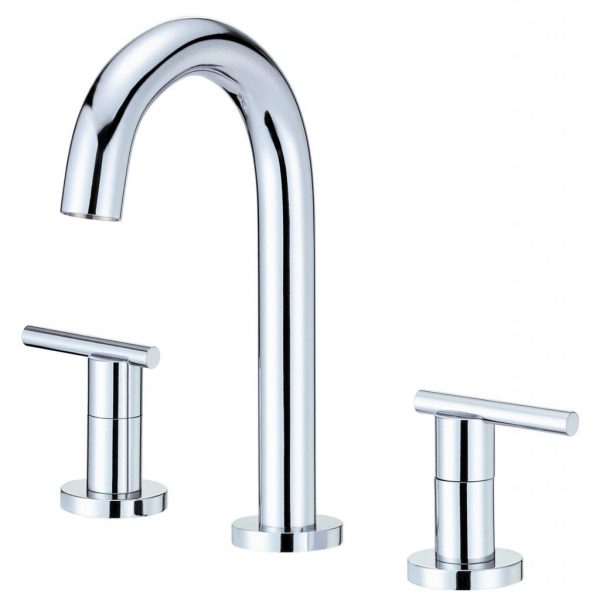 The Parma Two Handle Widespread Bathroom Faucet boasts a modern chrome finish, a high-arching spout, and sleek cylindrical handles for hot and cold water control. The elegant design is showcased against a plain white background.