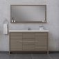The Sortino 60-inch Single Bathroom Vanity With Sink, in gray, showcases a modern design with a large rectangular mirror. It has a wood-finish cabinet with central drawers and side storage. The sleek sink is paired with small items, and a towel hangs on the left against the grey-tiled floor and wall.