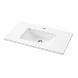 A modern, rectangular white countertop with built-in rectangular basin, single faucet hole, and central drain complements the Sortino 24 Inch Bathroom Vanity’s minimalistic design.