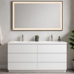 A modern bathroom with the Paterno 60 Inch Freestanding Double Bathroom Vanity With Sink - Gray, complemented by a large rectangular mirror, a central small potted plant, and a green plant on the right for a clean, minimalistic look.