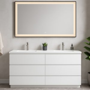 A modern bathroom with the Paterno 60 Inch Freestanding Double Bathroom Vanity With Sink - Gray, complemented by a large rectangular mirror, a central small potted plant, and a green plant on the right for a clean, minimalistic look.