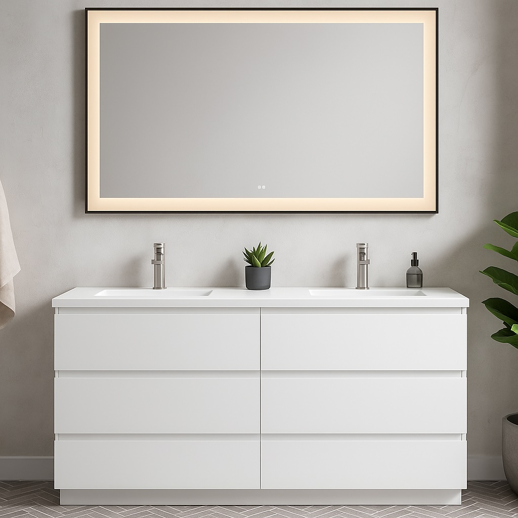A modern bathroom with the Paterno 60 Inch Freestanding Double Bathroom Vanity With Sink - Gray, complemented by a large rectangular mirror, a central small potted plant, and a green plant on the right for a clean, minimalistic look.