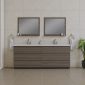 Modern bathroom featuring the Paterno 84 Inch Freestanding Double Bathroom Vanity with Sink - Gray, two rectangular mirrors above, towel rings with white towels on either side, and a potted plant on the right, all set against beige tiled walls and floor.