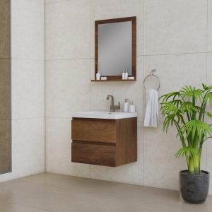 Modern bathroom with beige tiled walls, a wooden floating vanity with a white sink, a rectangular mirror above it, toiletries, a towel on a ring holder, and a potted green plant on the floor.