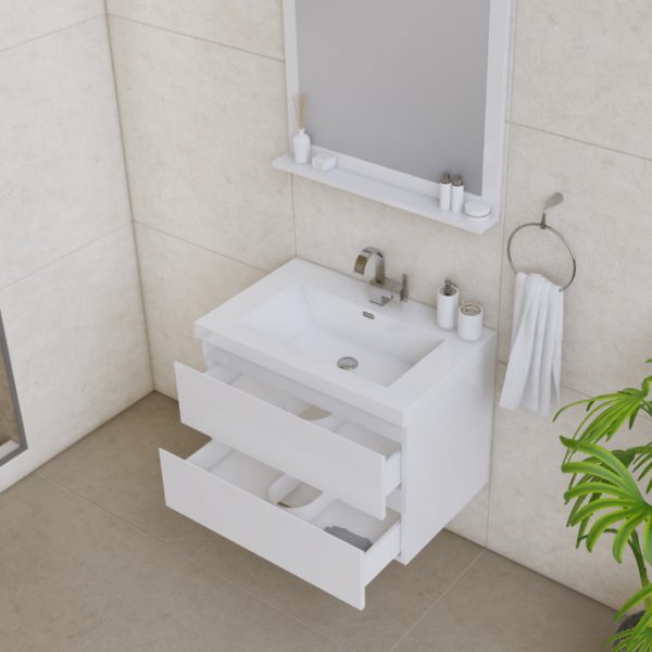 Paterno 30 inch Wall Mount Bathroom Vanity White With Sink Open drawers