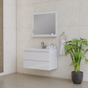 Modern Paterno 36 Inch Wall Mount Bathroom Vanity in Glossy White with Integrated Sink, Featuring a Sleek Floating Design and Soft-Close Storage Drawer.