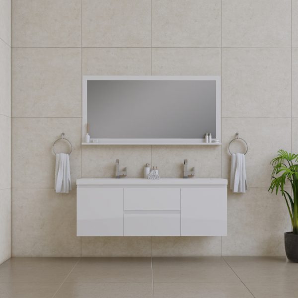 Paterno 60" double Modern bathroom with large rectangular mirror above a white double-sink vanity. Two towels hang on rings beside the sinks. Minimalist decor includes small essentials on the counter and a potted plant in the corner. Beige tiled walls and floor.