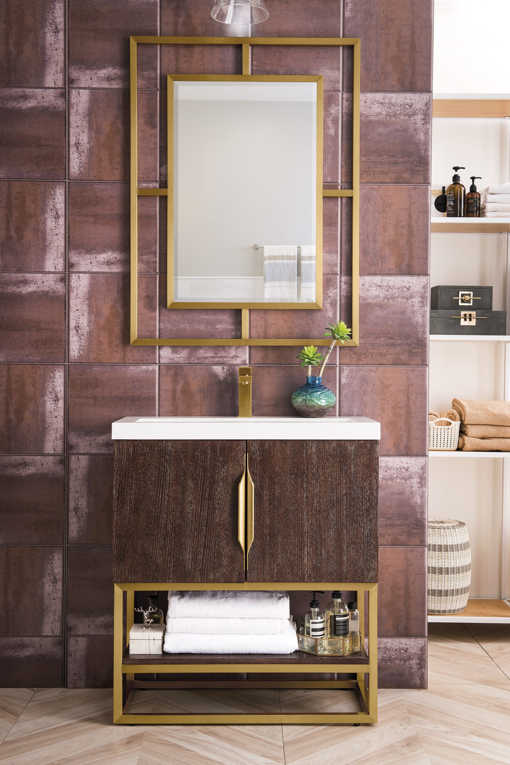 Columbia 31.5 Bathroom Vanity, Coffee Oak, Radiant Gold
