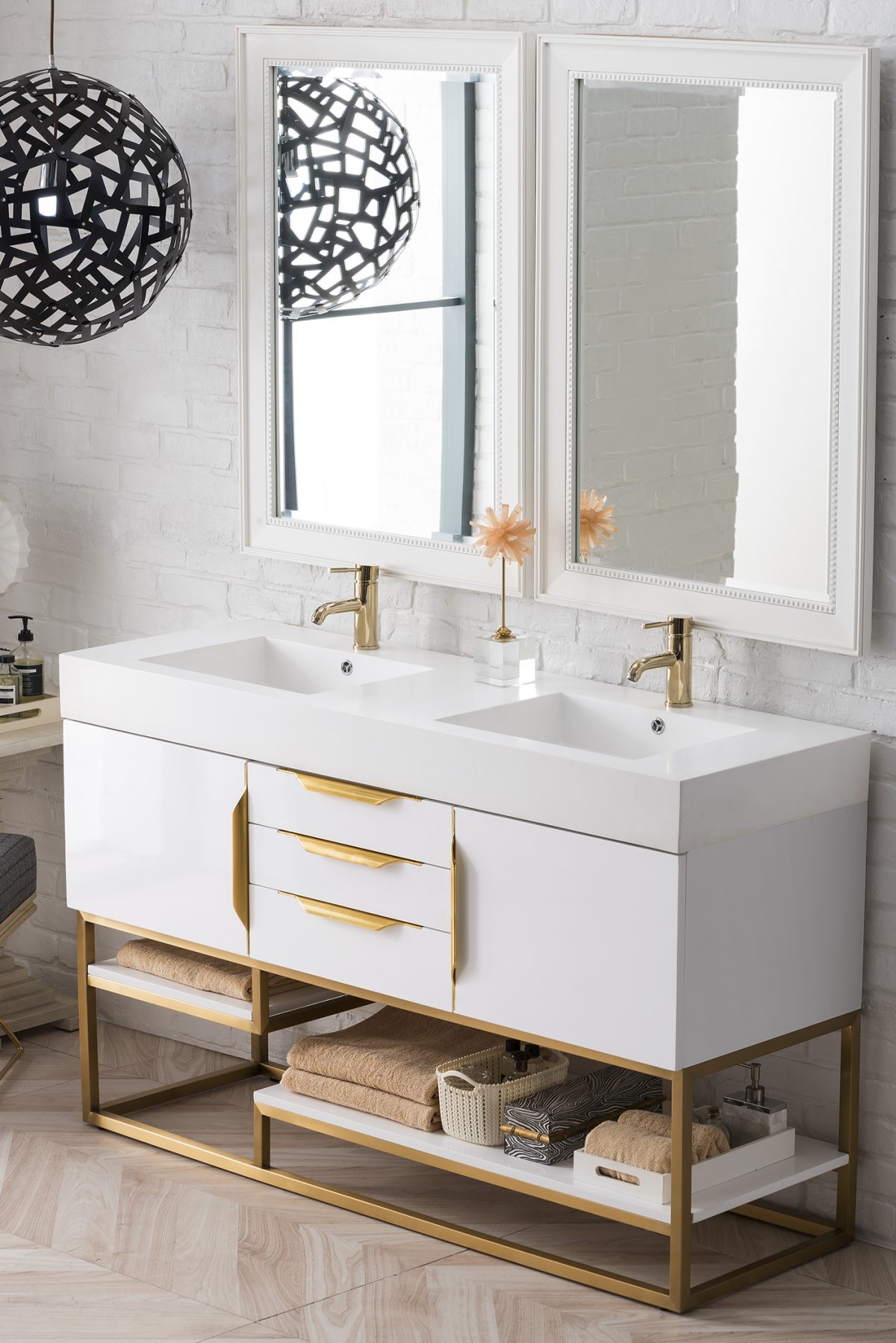 Columbia 59 Double Vanity, Glossy White, Radiant Gold