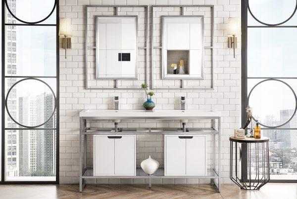 Boston 63" Double Bathroom Vanity, Brushed Nickel w/ Glossy White Cabinet Boston 63" Double Bathroom Vanity, Brushed Nickel w/ Glossy White Cabinet