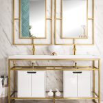 Boston 63″ Double Bathroom Vanity Sink, Radiant Gold w/ Glossy White Cabinet