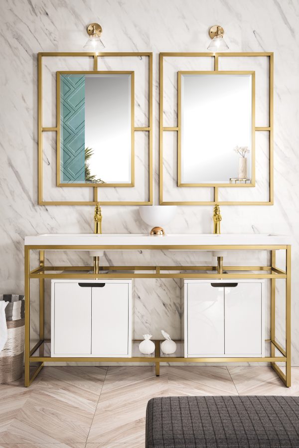 Boston 63" Double Bathroom Vanity Sink, Radiant Gold w/ Glossy White Cabinet